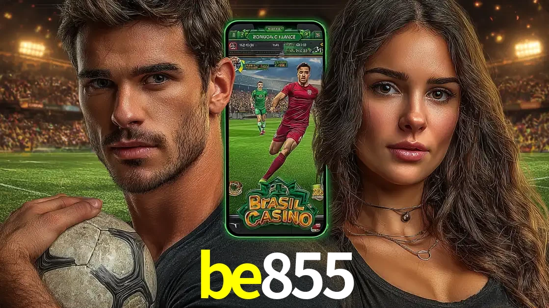 Homem segurando uma bola de futebol e uma mulher ao lado de um smartphone exibindo o jogo de apostas esportivas da be855. Faça seu palpite no cassino online.
